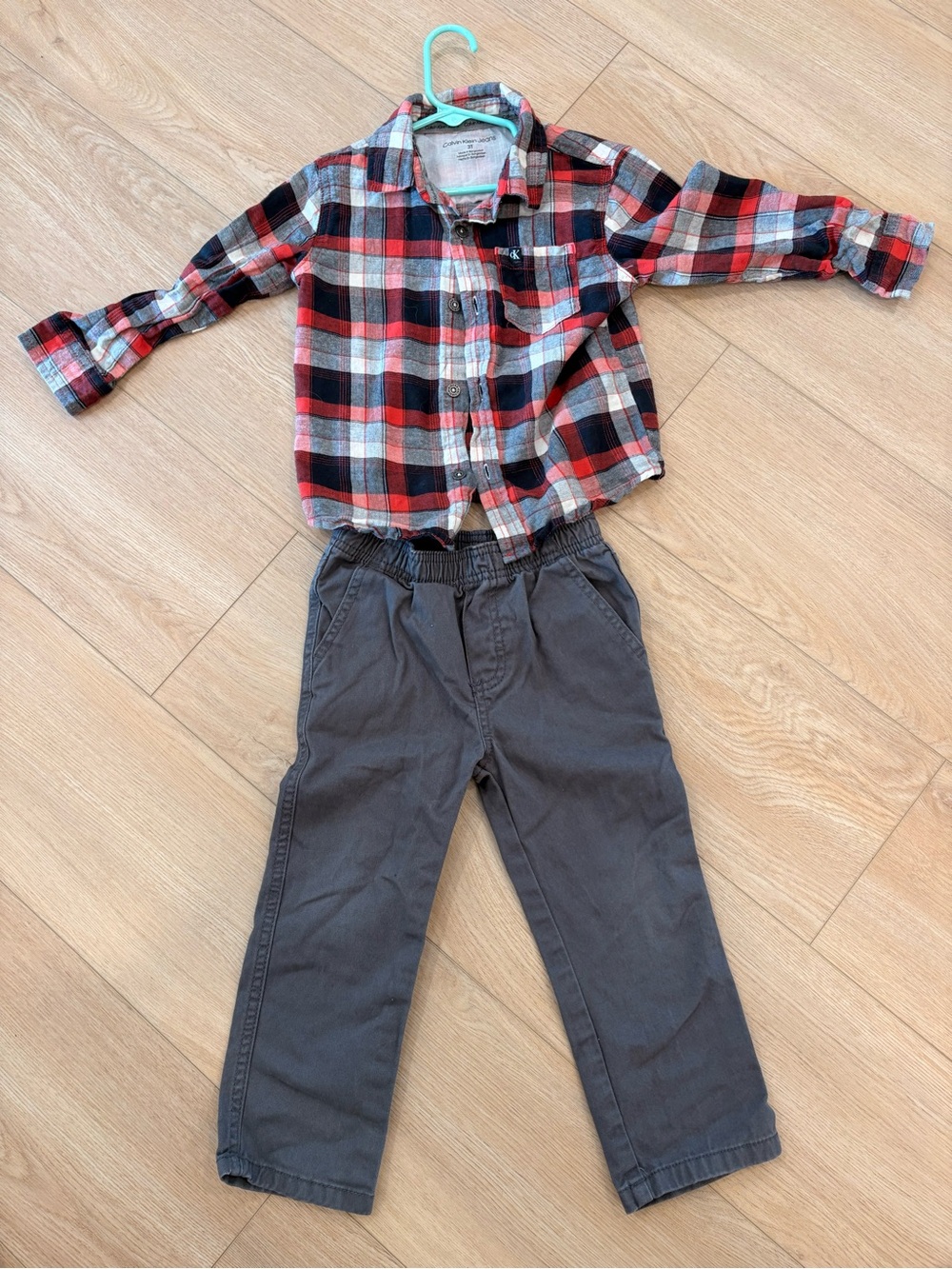 Calvin Klein Red, Black & White Plaid Button-Down with Charcoal Pants set